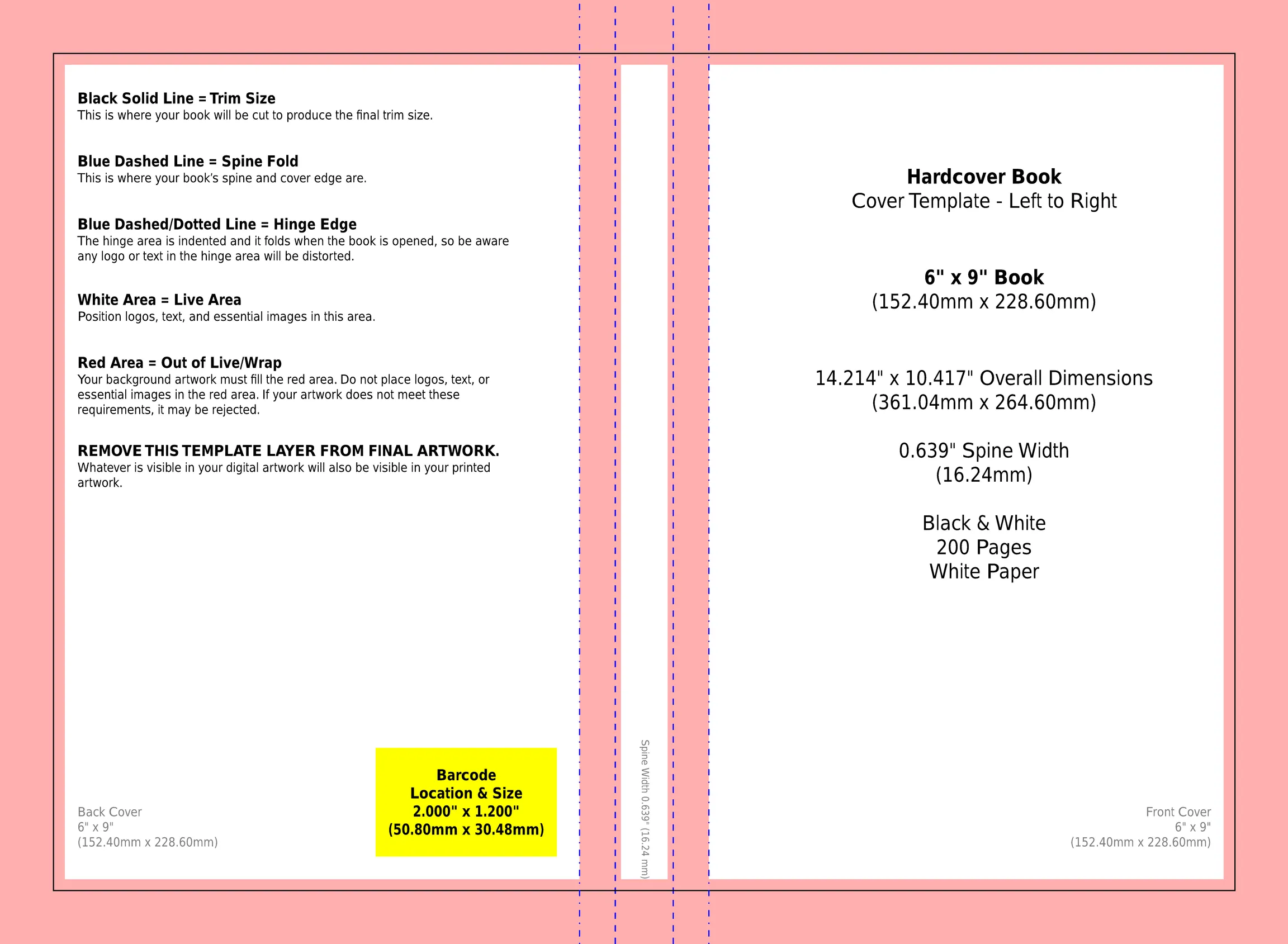 6x9 KDP hardcover cover template showing hinge, wrap and spine guidelines for premium case laminate books.