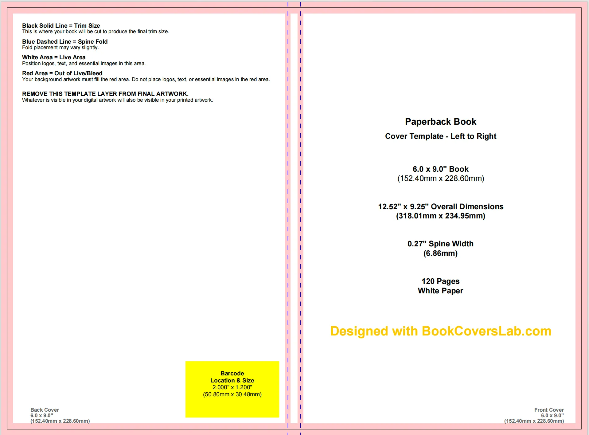 KDP cover template showing trim, bleed, live area and spine guidelines for a paperback book.