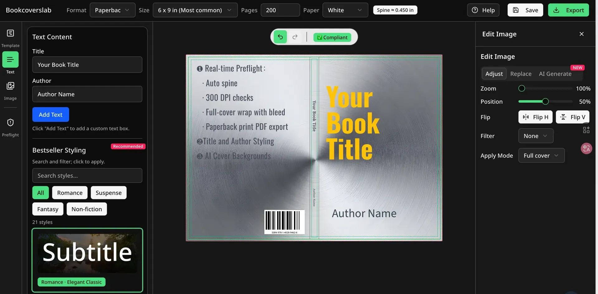 KDP cover creator interface with KDP cover size calculator