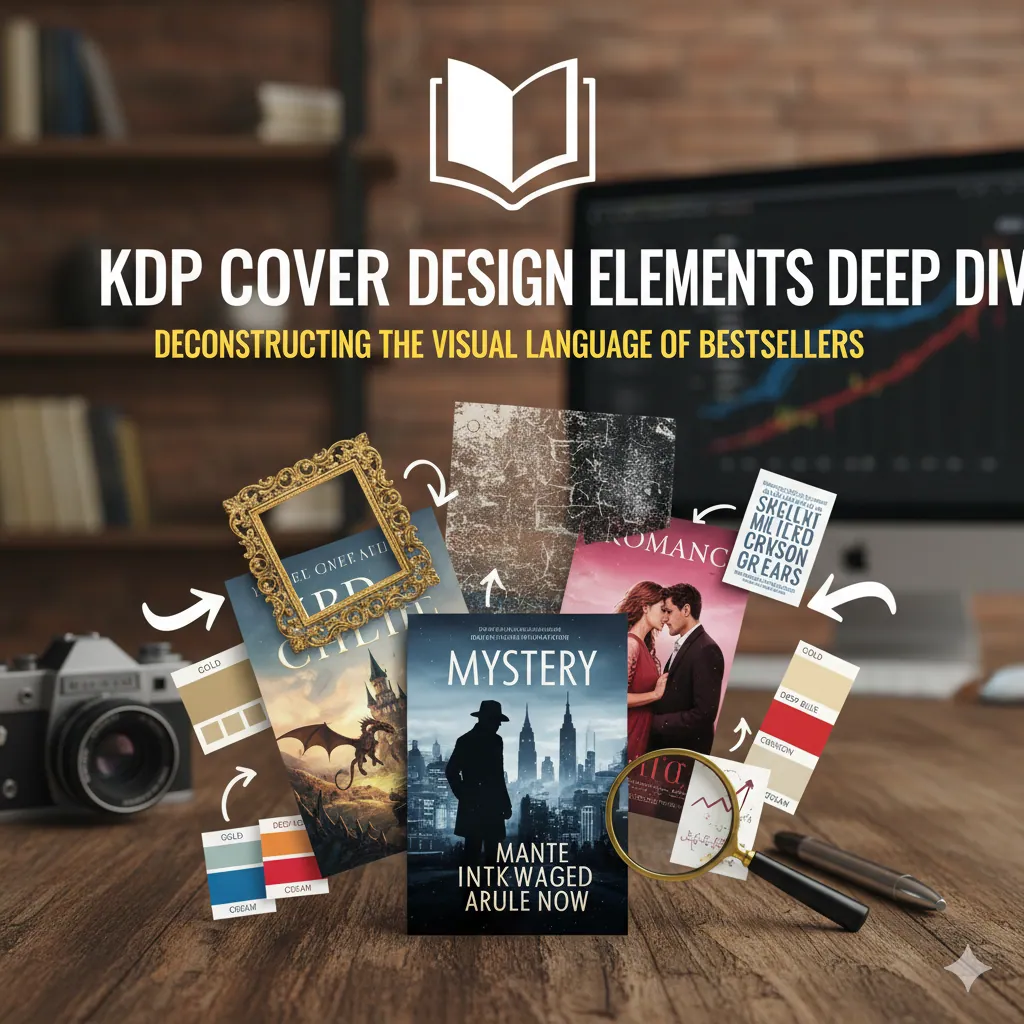 Diagram met KDP-omslagontwerpelementen waarin typografie, kleur, afbeeldingen en compositie worden benadrukt voor omslagen die klaar zijn voor bestsellers – KDP cover