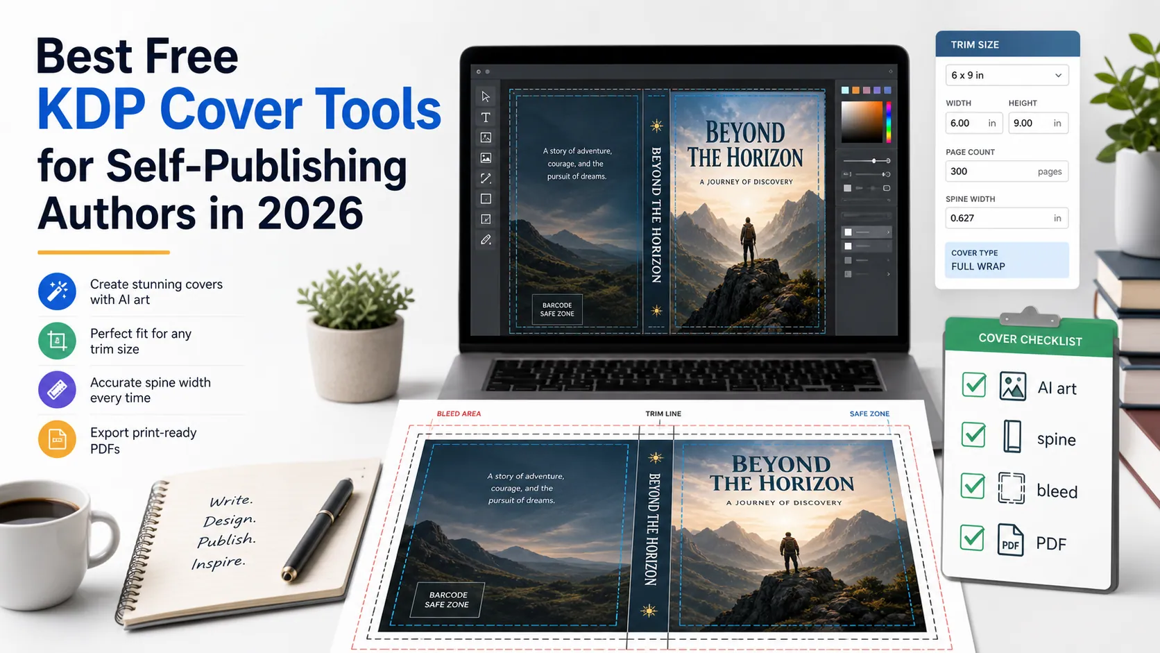 Strumenti gratuiti per copertine KDP con arte IA, formato di taglio, dorso, abbondanza, area barcode e controllo PDF – KDP cover