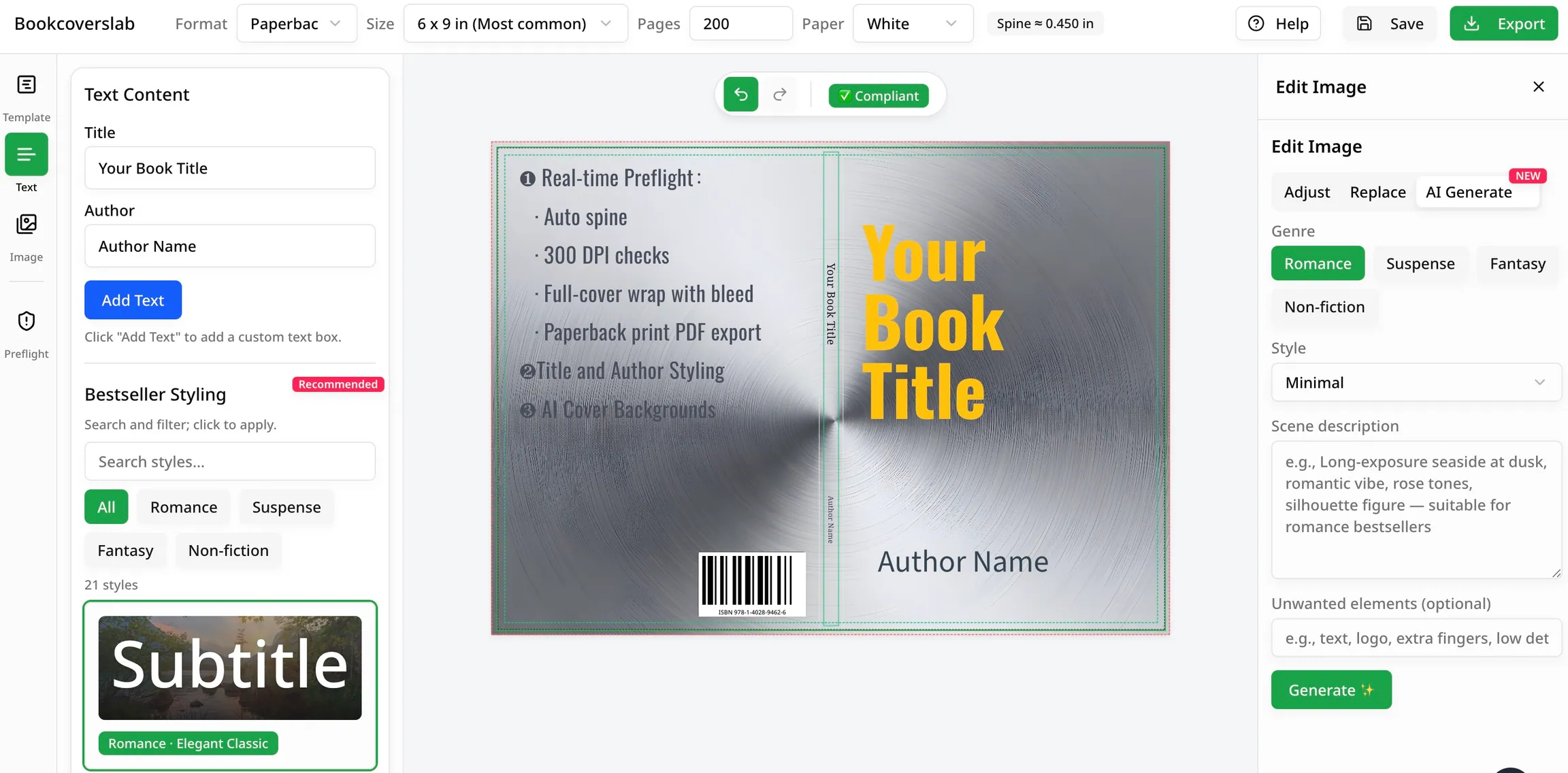 Book cover typography editor showing title hierarchy, author text, spine type, and KDP safe-zone guides – KDP cover