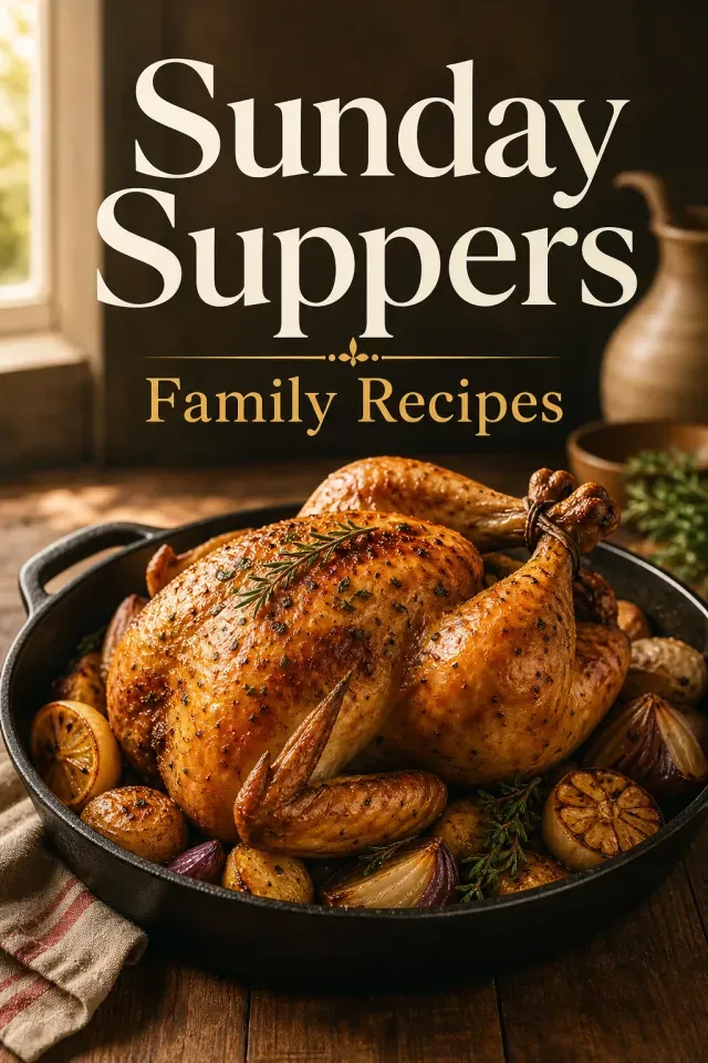 Cookbook cover with a roast chicken in a cast iron pan