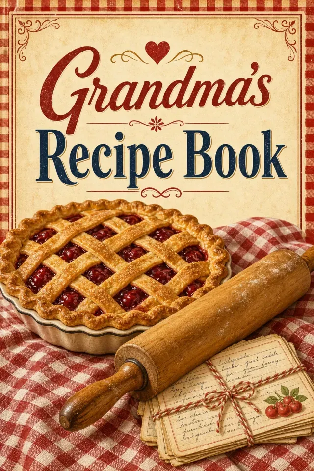Vintage recipe book cover with a rolling pin and a pie