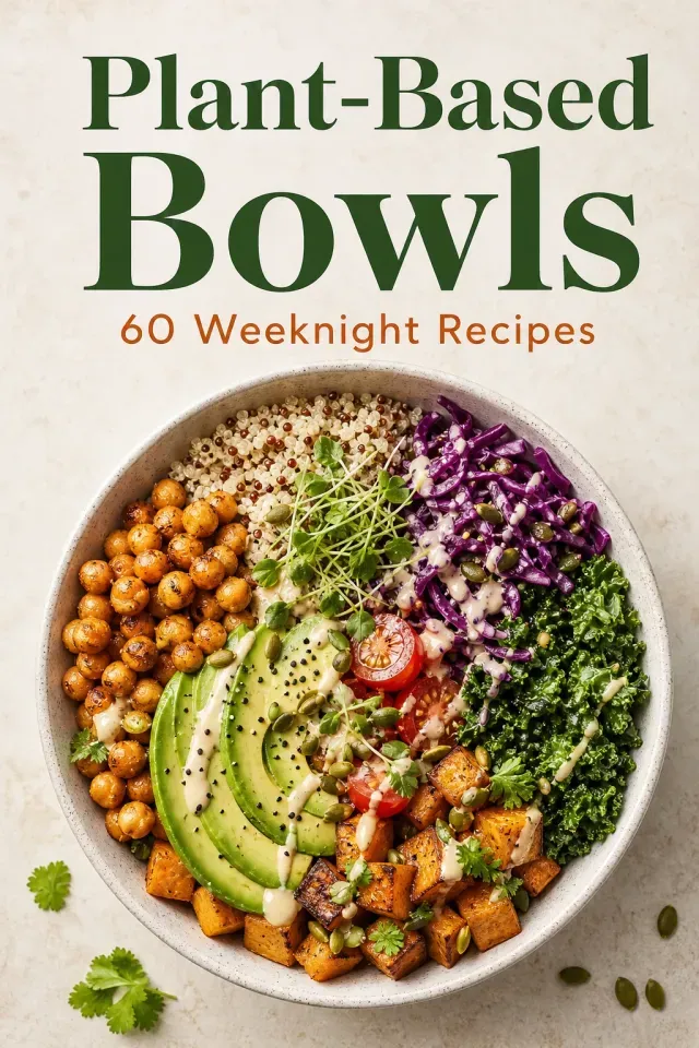 Plant-based cookbook cover with an overhead grain bowl