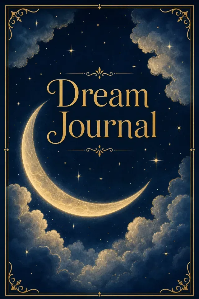 Dream journal cover with a crescent moon on a navy sky