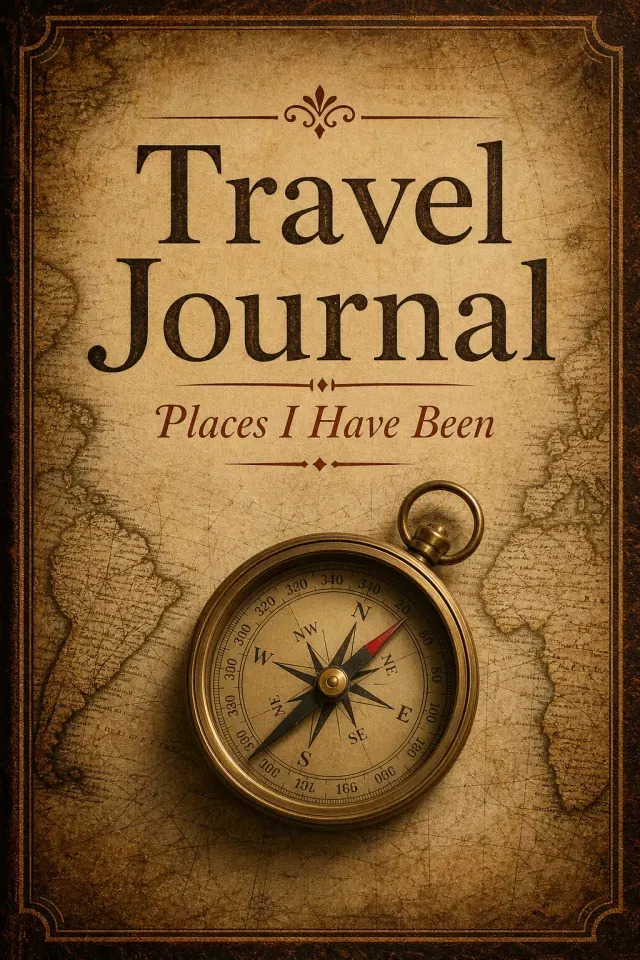 Travel journal cover with a vintage map and compass