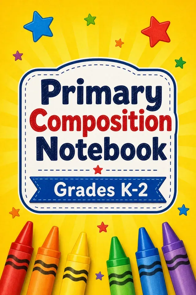 Primary composition notebook cover with crayons for kids