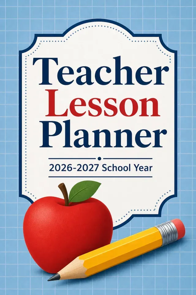 Teacher lesson planner cover with apple and pencil icons