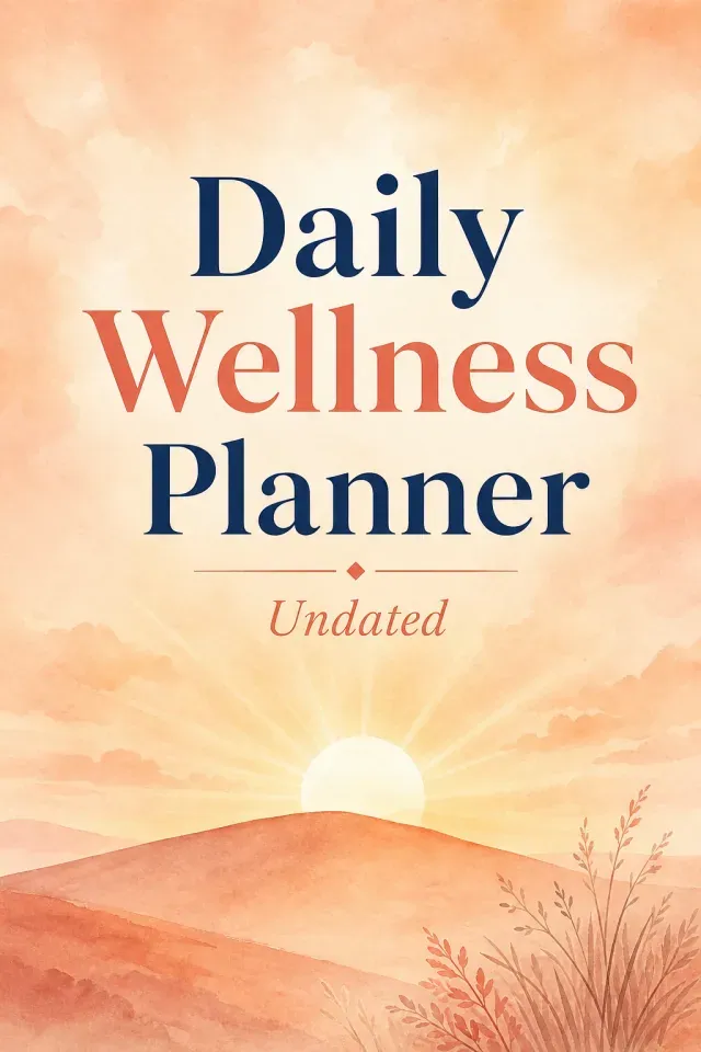 Undated daily wellness planner cover with a watercolor sunrise