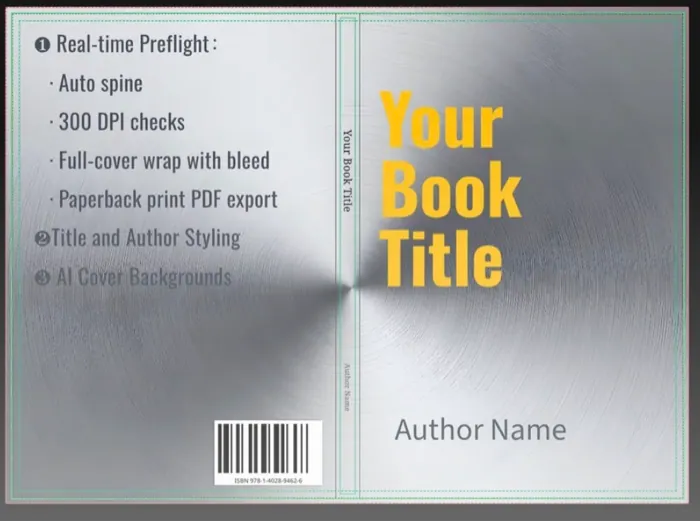 Real KDP Cover Creator canvas showing bleed, trim, safe area, spine, barcode, and paperback wrap preview