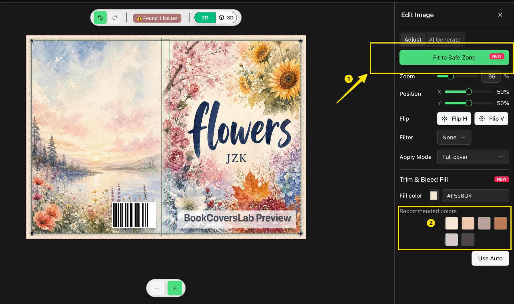 BookCoversLab Edit Image panel highlighting Fit to Safe Zone and recommended Trim and Bleed Fill colors