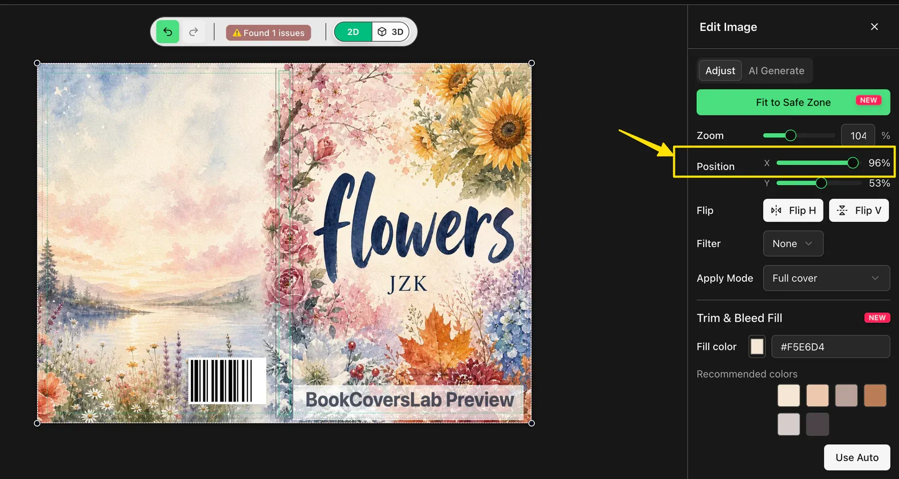 BookCoversLab Edit Image panel with the Position X control highlighted for shifting a full-wrap cover left