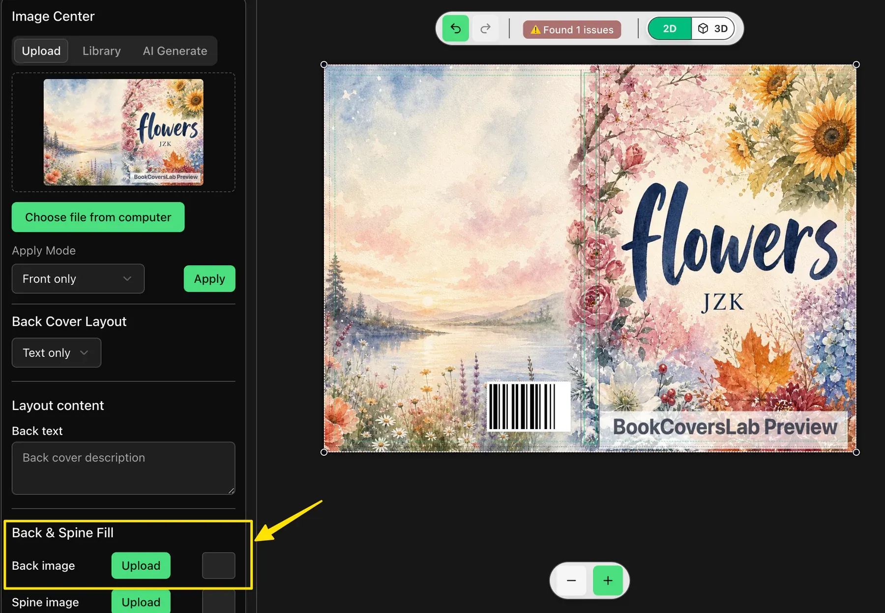 BookCoversLab Image Center with the Back image upload control highlighted under Back and Spine Fill