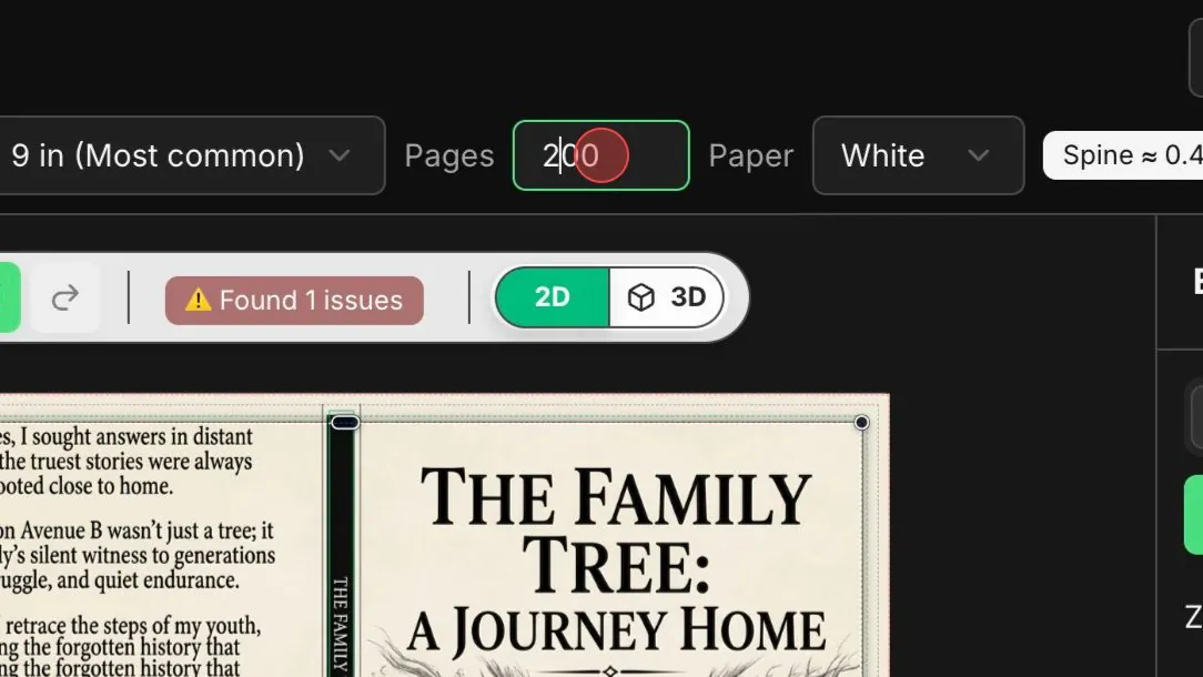 Pages field selected in BookCoversLab top bar for adjusting paperback page count