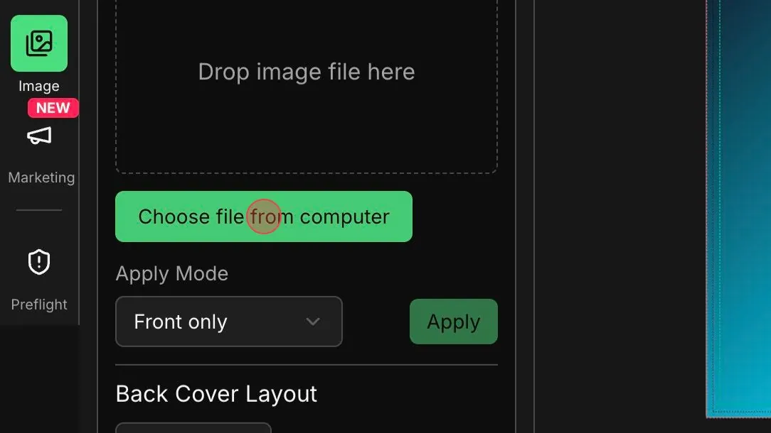 Upload panel with Choose file from computer button in BookCoversLab
