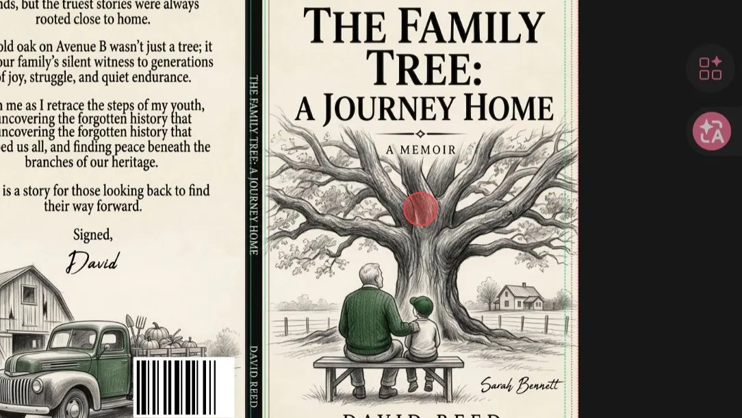 Imported paperback wrap selected on the canvas with image editing controls visible