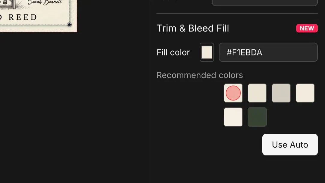 Recommended fill color selected for a paperback wrap bleed area