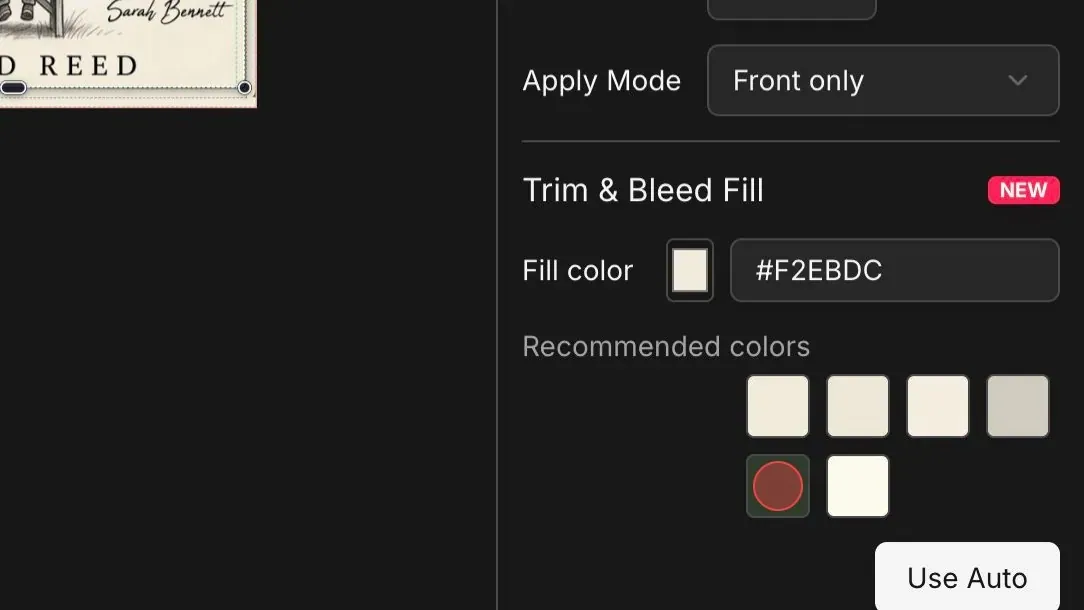 Right toolbar showing color controls for the front cover bleed area