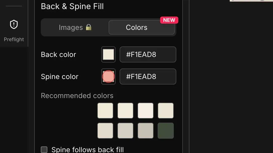 Spine color control selected in the editor panel
