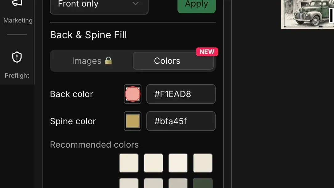 Back color control shown while an uploaded back image is already present