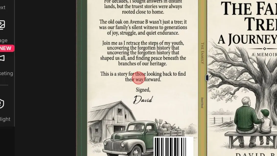 Front cover, spine, and back cover shown with different colors to understand editor zones