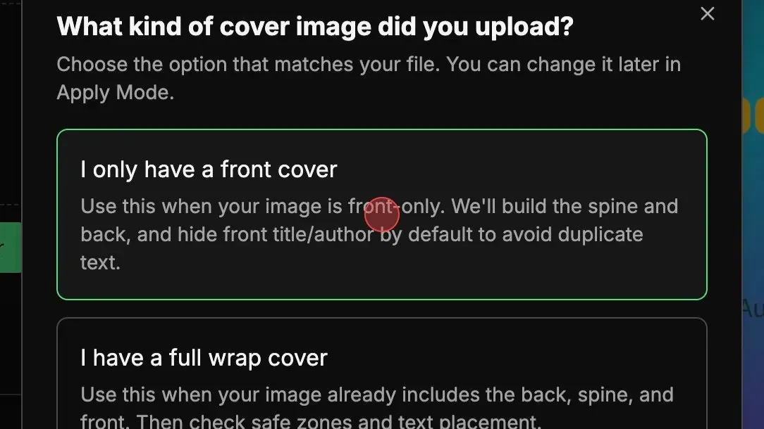 I only have a front cover option selected in KDP Cover Creator