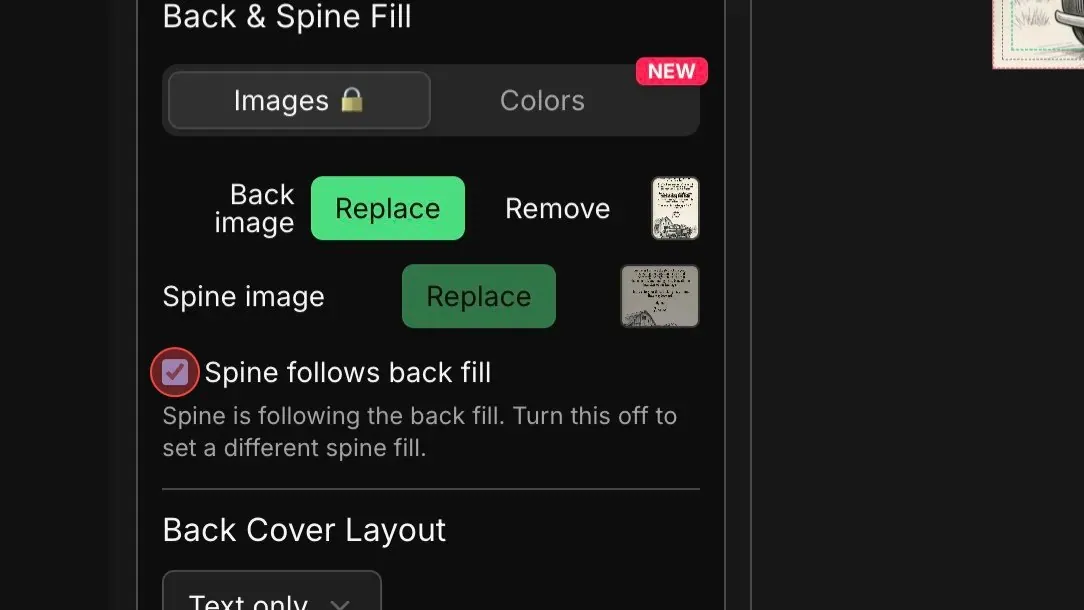 Back image uploaded with Spine follows back fill unchecked