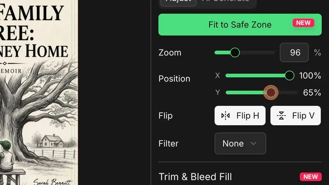 Cover artwork positioned so text stays inside the green safe-zone guide
