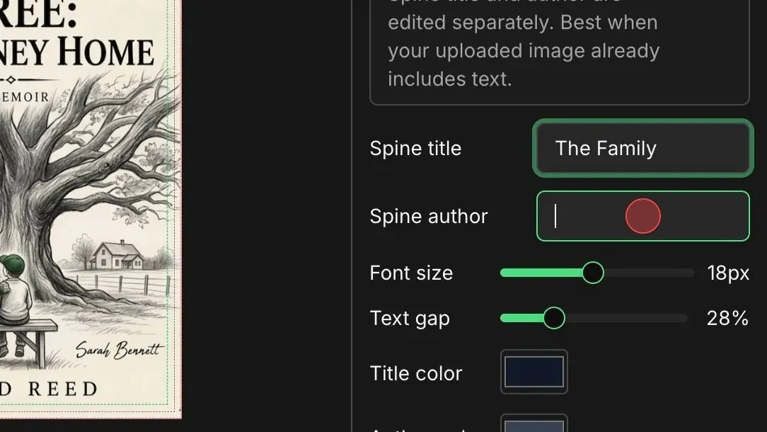 Spine title and author controls visible in the right toolbar