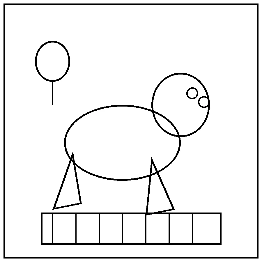 Black-and-white coloring page of a simple dinosaur at a picnic blanket