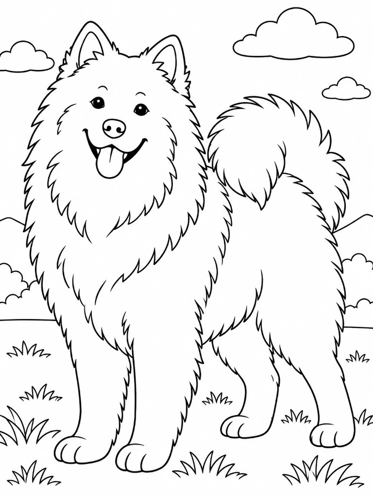 Sample fluffy dog coloring page in black-and-white line art